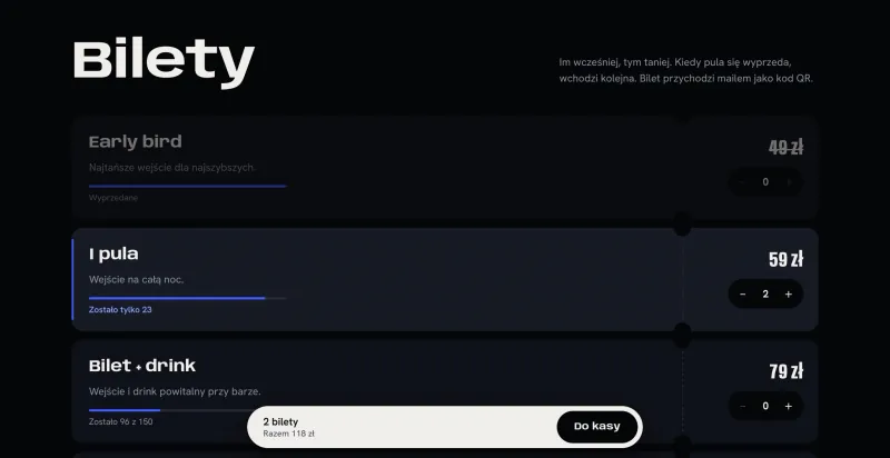 Wybór puli biletów na stronie imprezy: early bird wyprzedany, I pula z licznikiem pozostałych biletów, koszyk z sumą