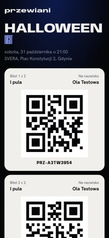 Bilet z kodem QR na telefonie, wystawiony na nazwisko kupującego