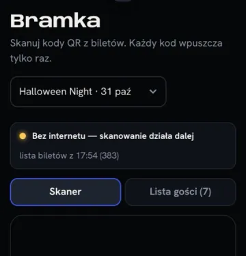Bramka w trybie bez internetu: lista biletów pobrana wcześniej, skanowanie działa dalej