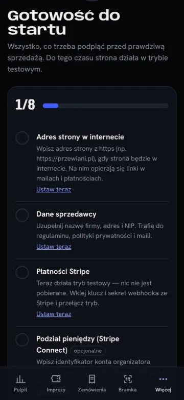 Panel organizatora na telefonie: lista Gotowość do startu z krokami do uzupełnienia
