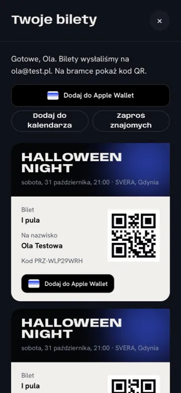 Twoje bilety z przyciskami Dodaj do Apple Wallet, Dodaj do kalendarza i Zaproś znajomych