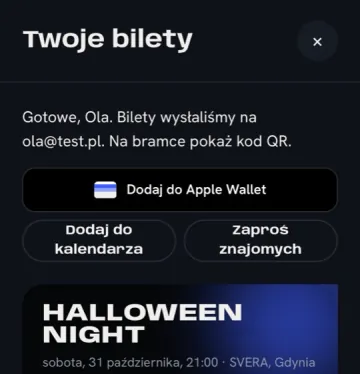 Ekran Twoje bilety z przyciskami Dodaj do Apple Wallet, Dodaj do kalendarza i Zaproś znajomych