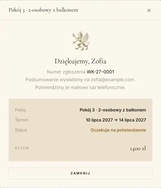 Potwierdzenie rezerwacji z numerem zgłoszenia, terminem pobytu i ceną